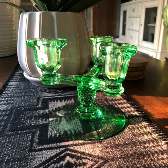 Green glass 3 candle candleabra